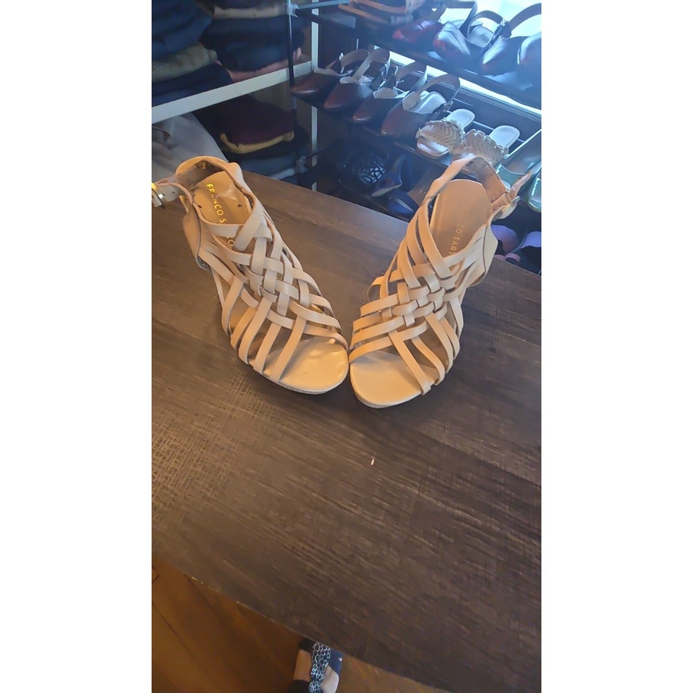 Franco Sarto Tan Leather Woven Strappy Cork Wedge Sandals Heels Womens 8.5 S6